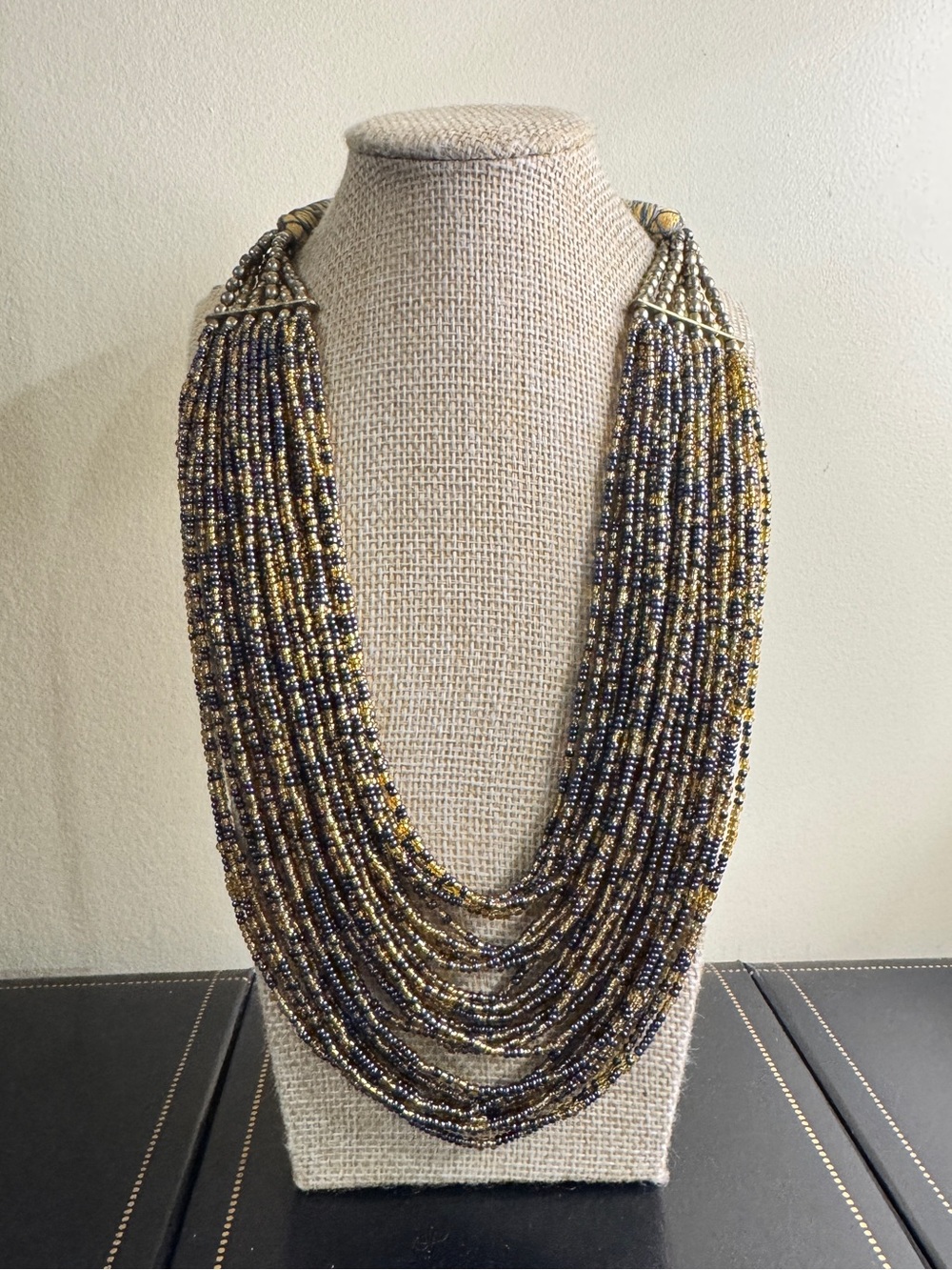 Vintage Multi-Strand Beaded Necklace in Blue and Gold